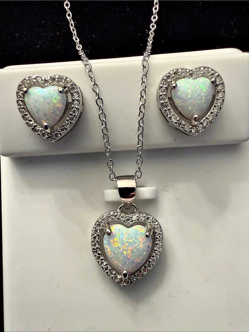 Heart Opal and Moissanite .5 ctw earrings and necklace set in STerling Silver .9